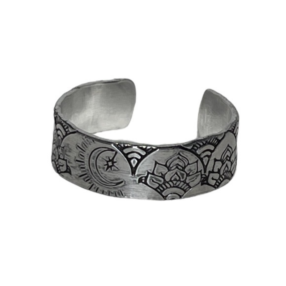 Handmade 10 stamped boho moon silver hypoallergenic adjustable‎ cuff ring